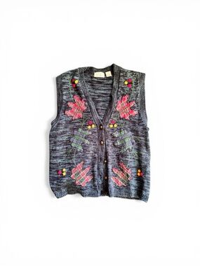 Cricket Lane Sz M Oversized Button-Front Autumn Leaves Knit Vest - Heather Blue